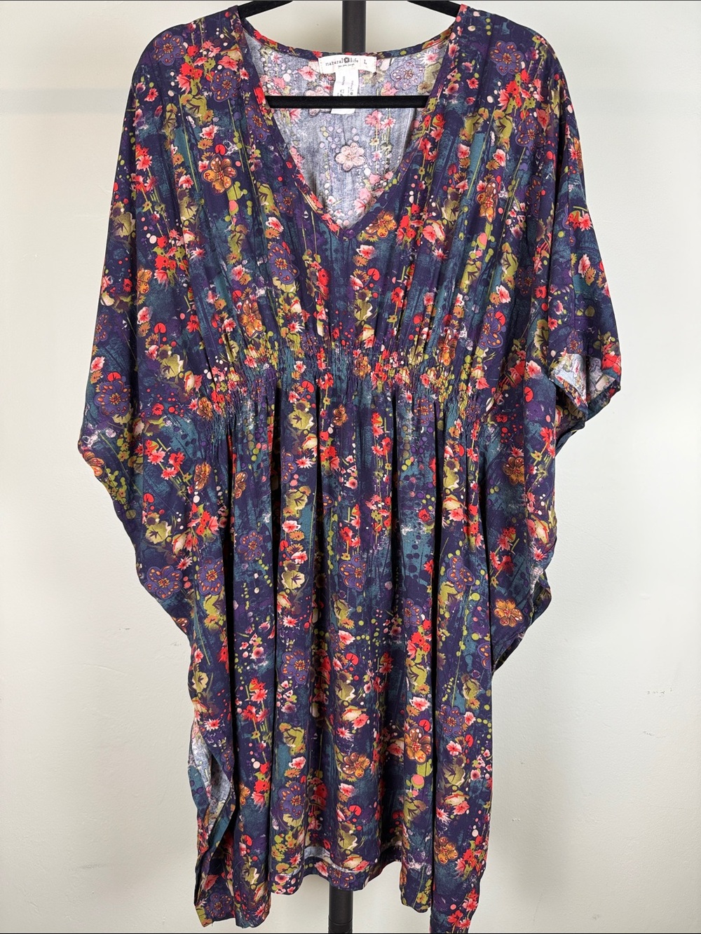 NATURAL LIFE Navy Floral V-Neck Midi Dress with Red & Green Accents